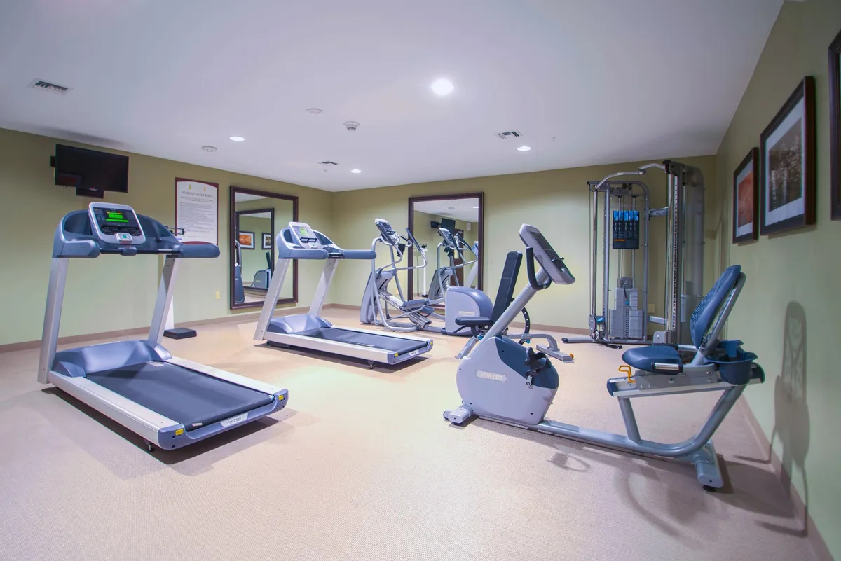 A spacious fitness center featuring modern treadmills, exercise bikes, and strength training equipment. Guests are actively working out, with a group engaging in a class and others enjoying a post-workout stretch. The atmosphere is vibrant and energizing, reflecting a well-equipped facility that supports various fitness routines.